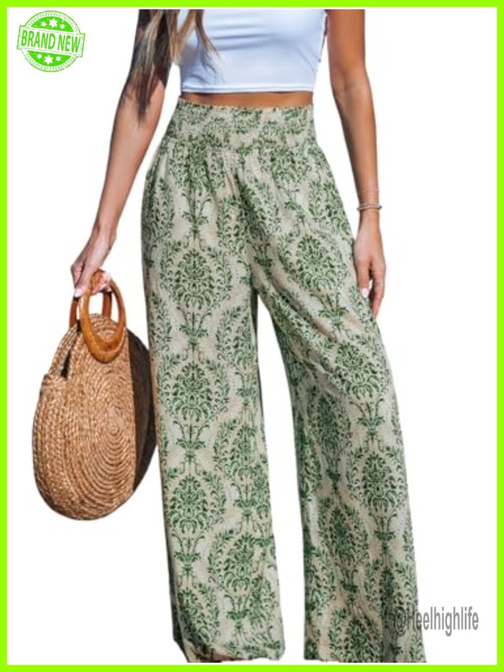 Women's Elastic High Waist Wide Leg Beach Pant Flowy Boho Lounge